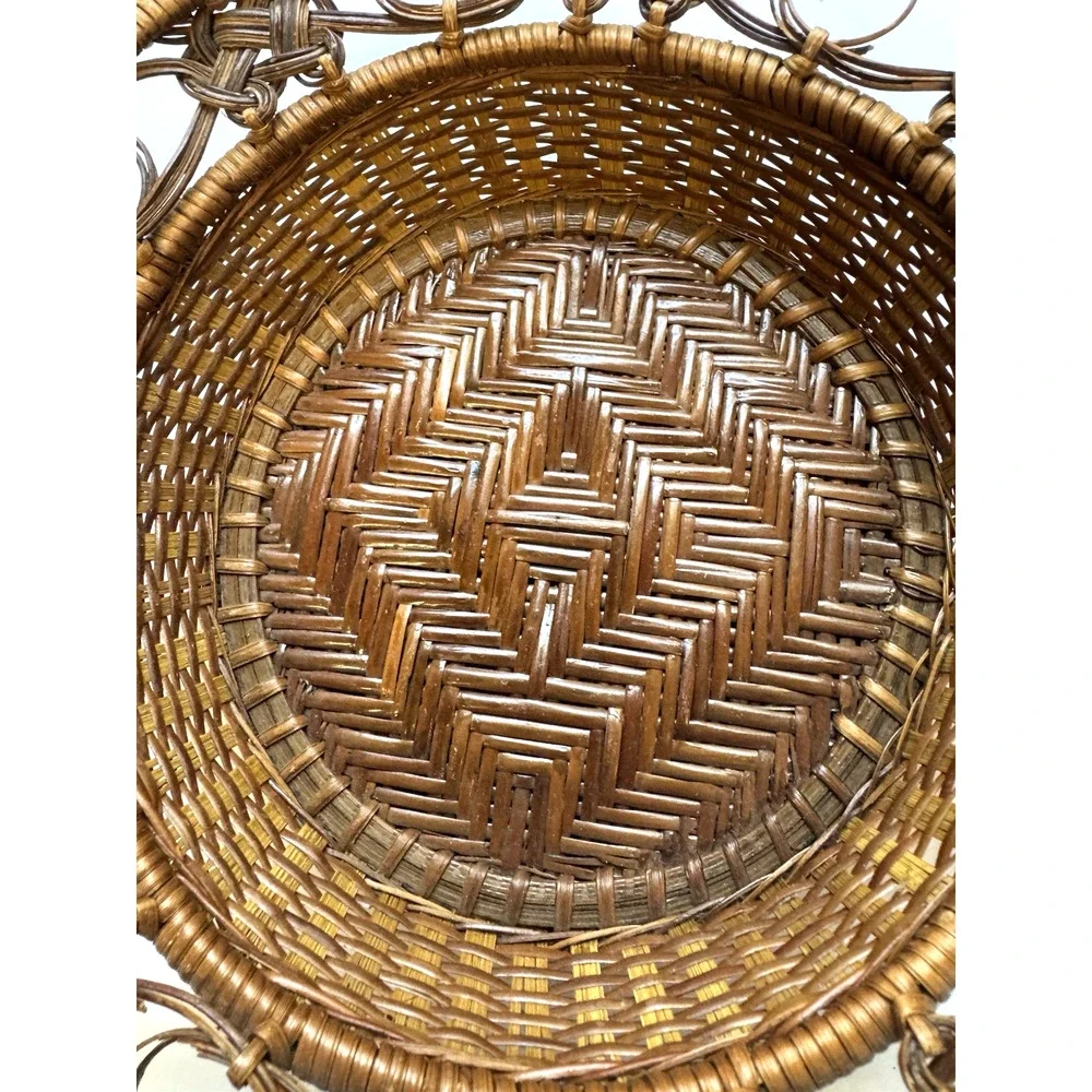 Vintage Boho Rattan Set of 2 Woven Basket Geometric Pattern Storage Entryway